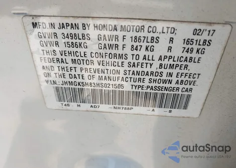 2017 Honda Fit Ex-L from USA, damaged, VIN JHMGK5H83HS021505